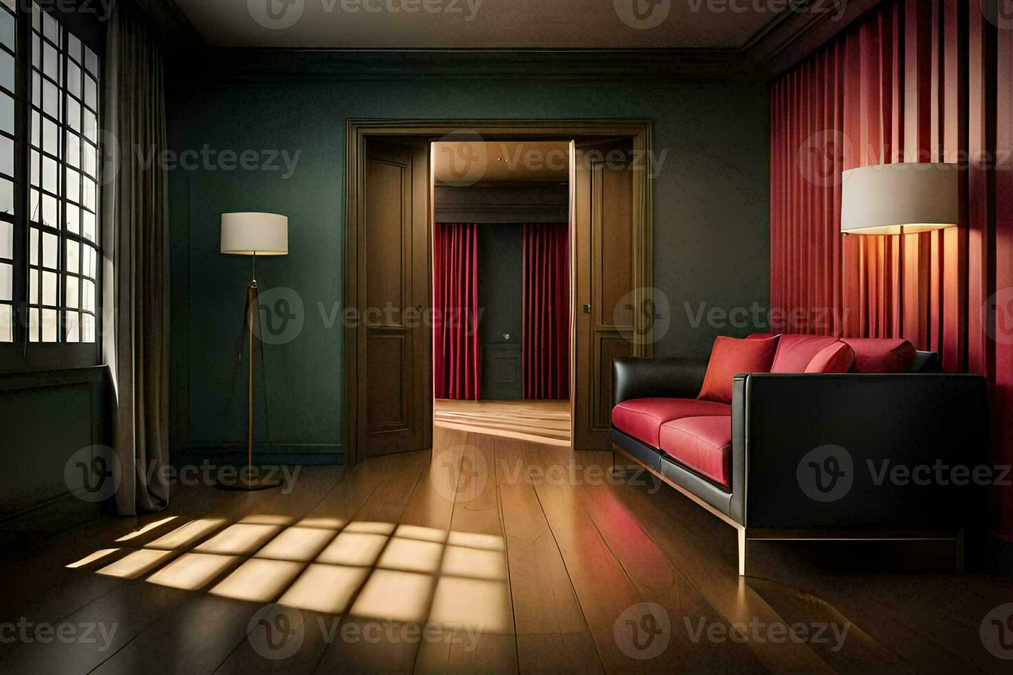a room with red walls and wooden floors. AI-Generated photo
