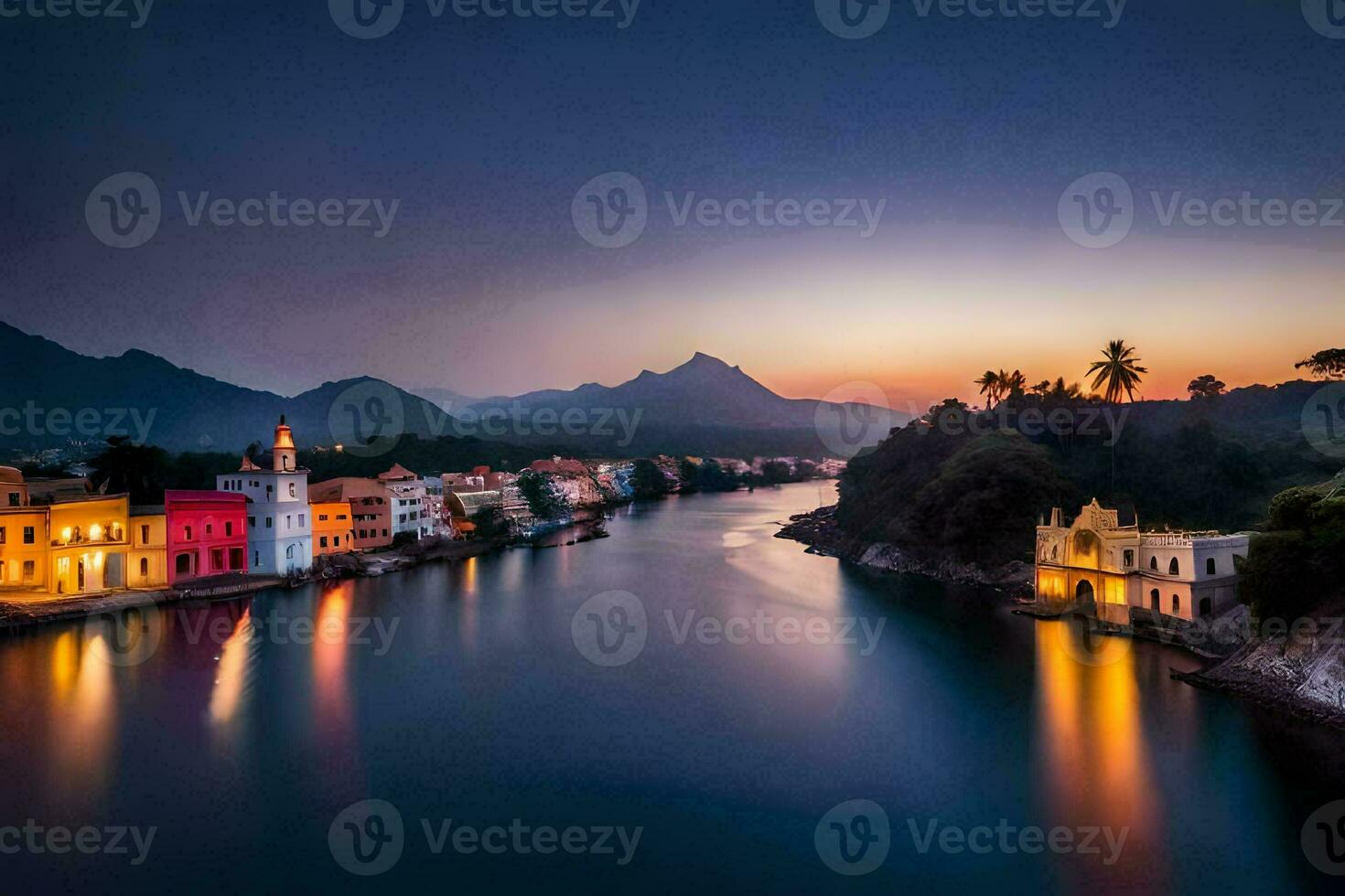 foto fondo de pantalla el cielo, montañas, agua, río, casa, el ciudad, el río,. generado por ai