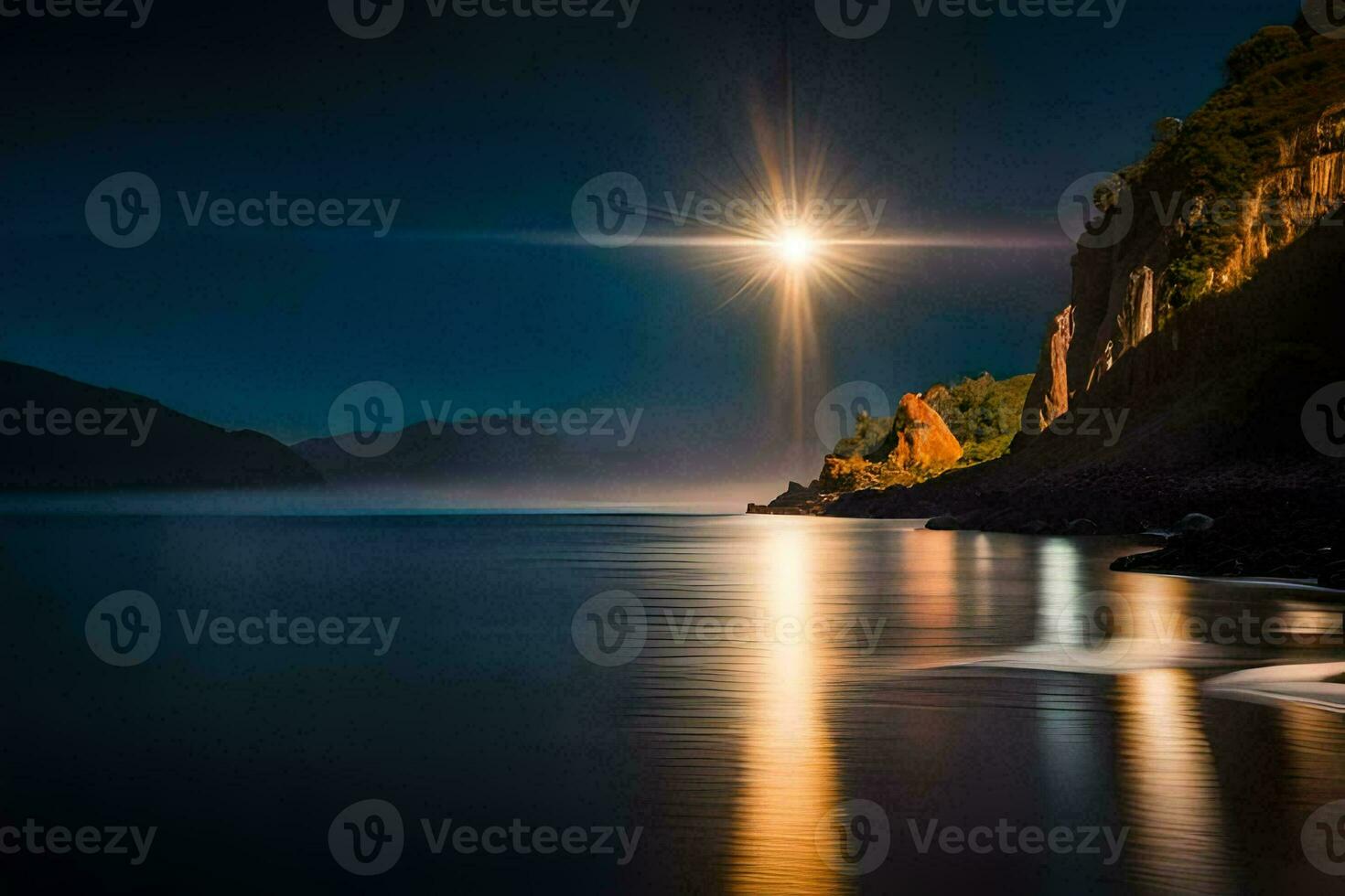 the moon shines brightly over the water at night. AI-Generated photo