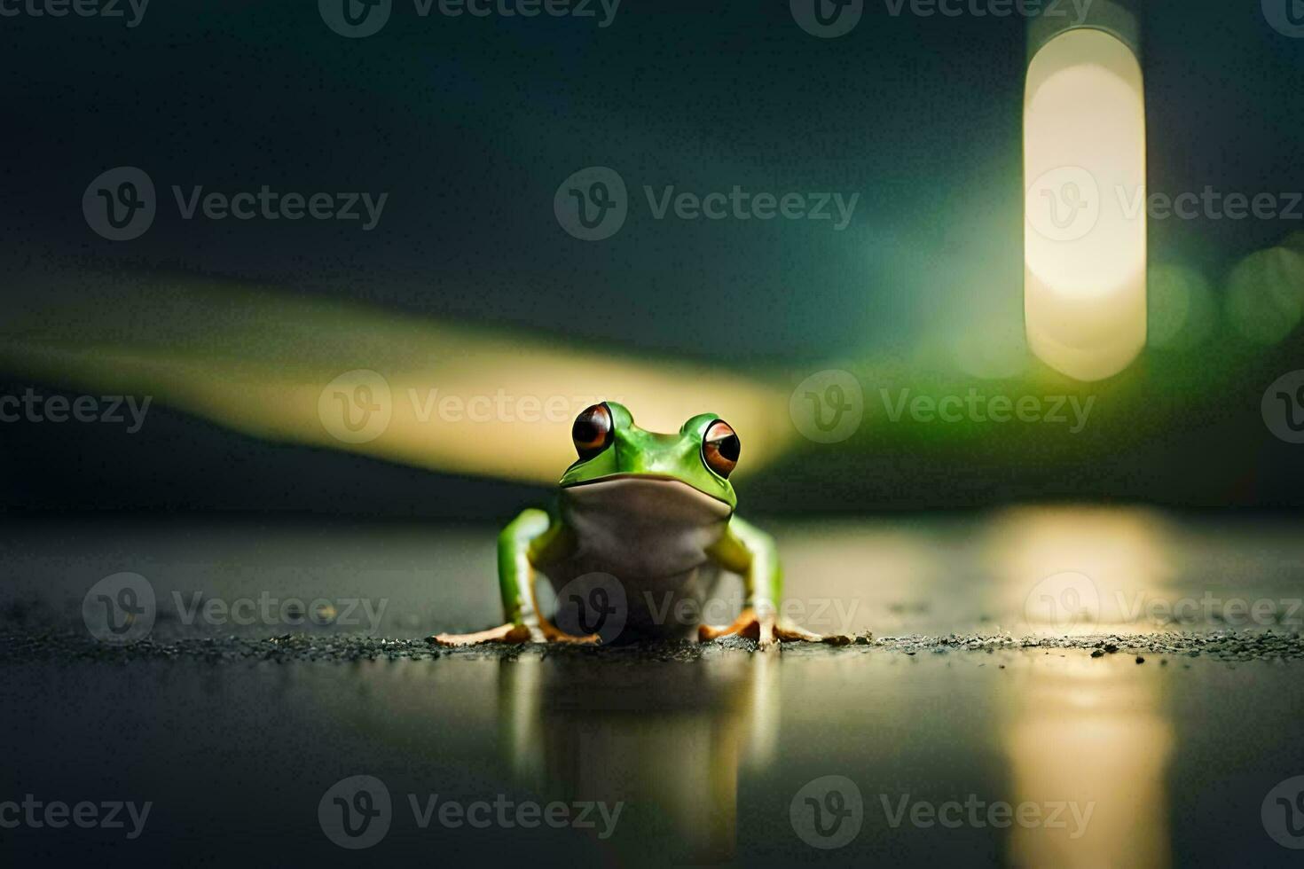 a frog sitting on the ground at night. AI-Generated photo