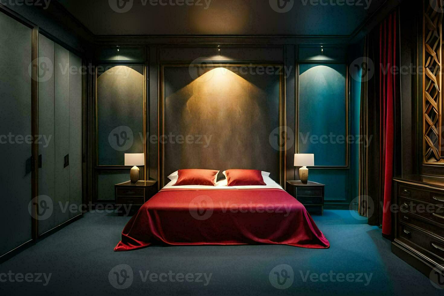 a bedroom with a red bed and blue walls. AI-Generated photo