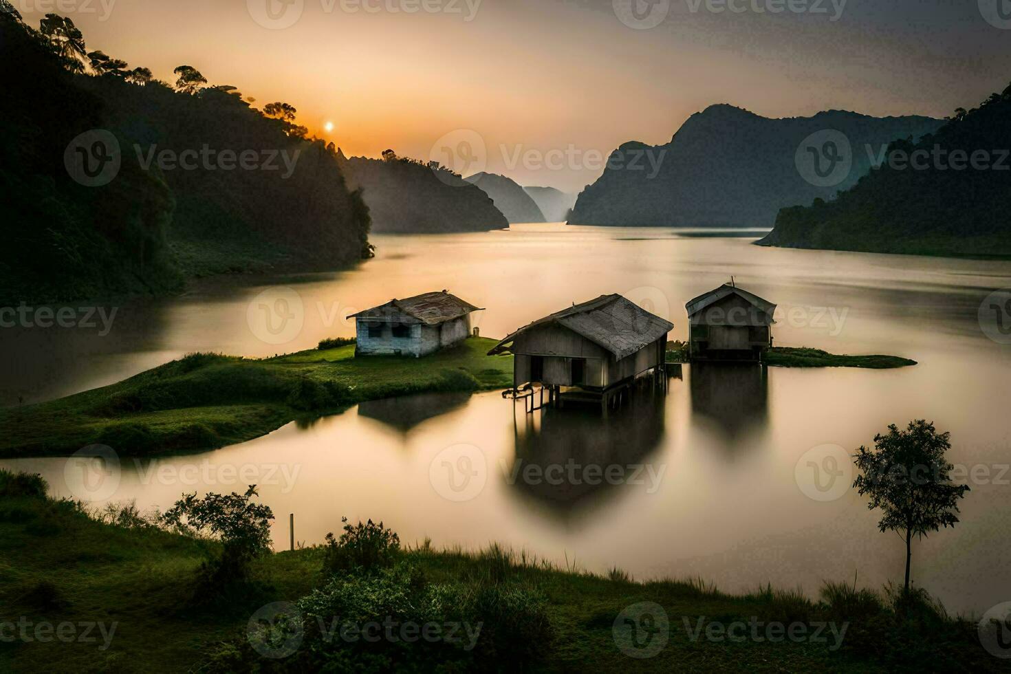 the sun sets over a lake with two small houses on it. AI-Generated photo