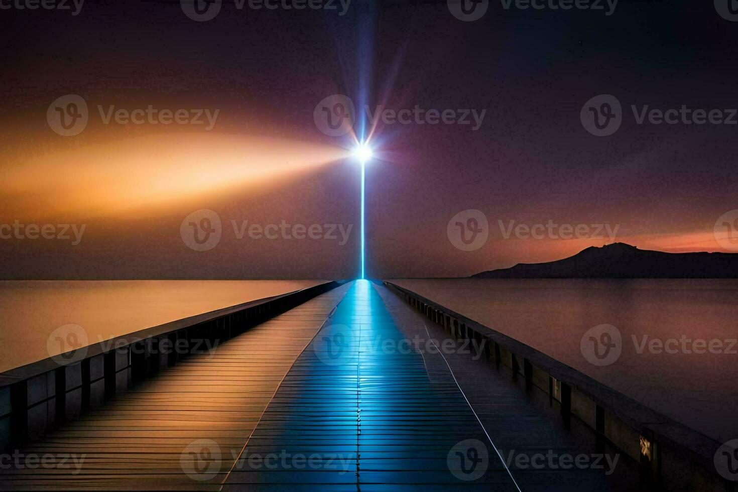 a long pier with a light shining on it. AI-Generated photo