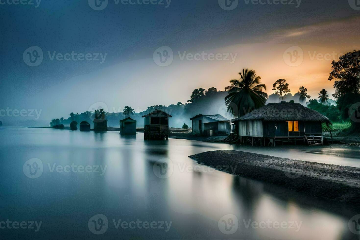 a house on the water with a foggy sky. AI-Generated photo