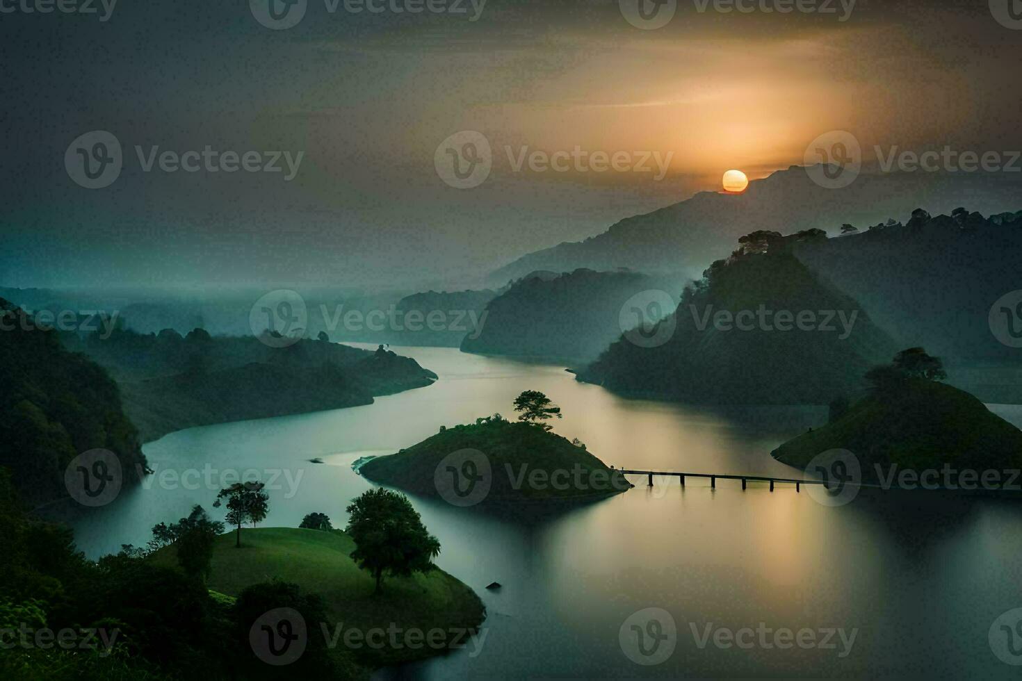 the sun rises over a lake in the mountains. AI-Generated photo