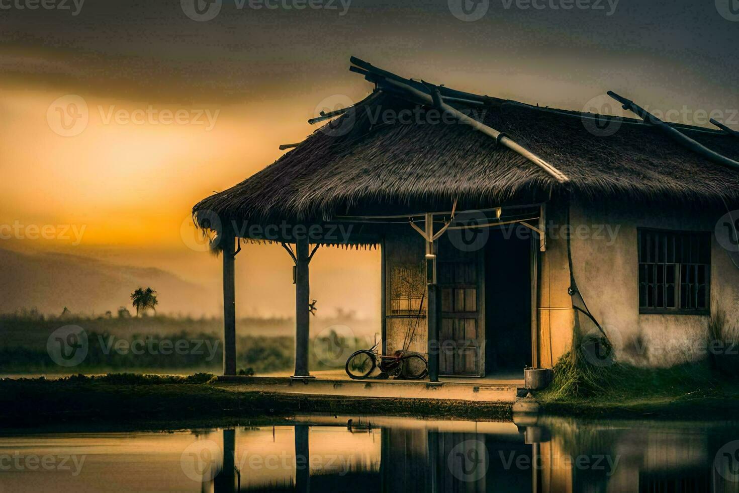 a small hut with a bicycle parked in front. AI-Generated photo