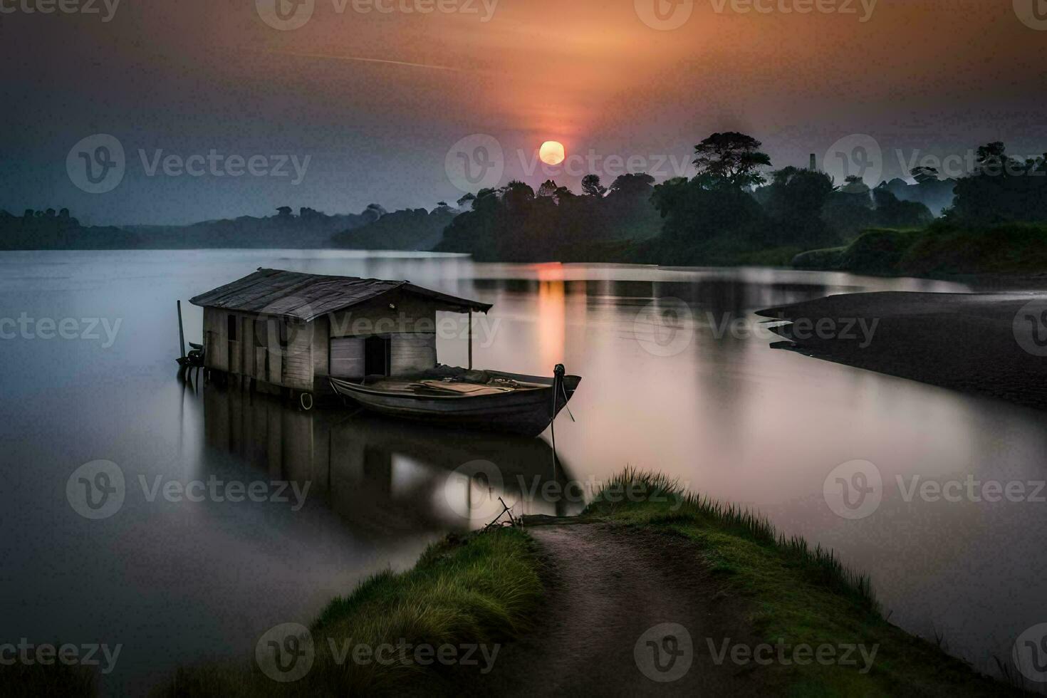 a boat sits on the shore of a river at sunset. AI-Generated photo