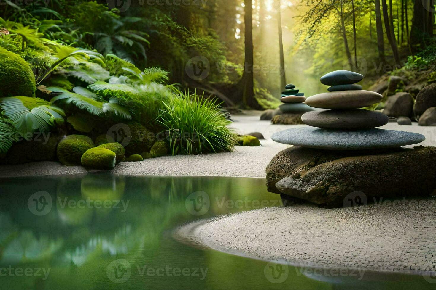 zen jardín con piedras y agua en el bosque. generado por ai foto