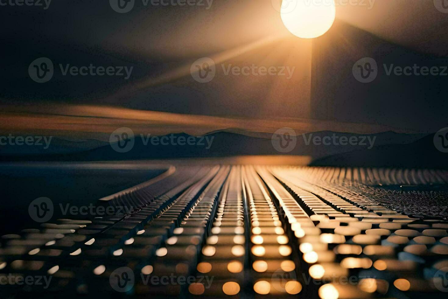 the sun shines over a road with a bridge in the background. AI-Generated photo