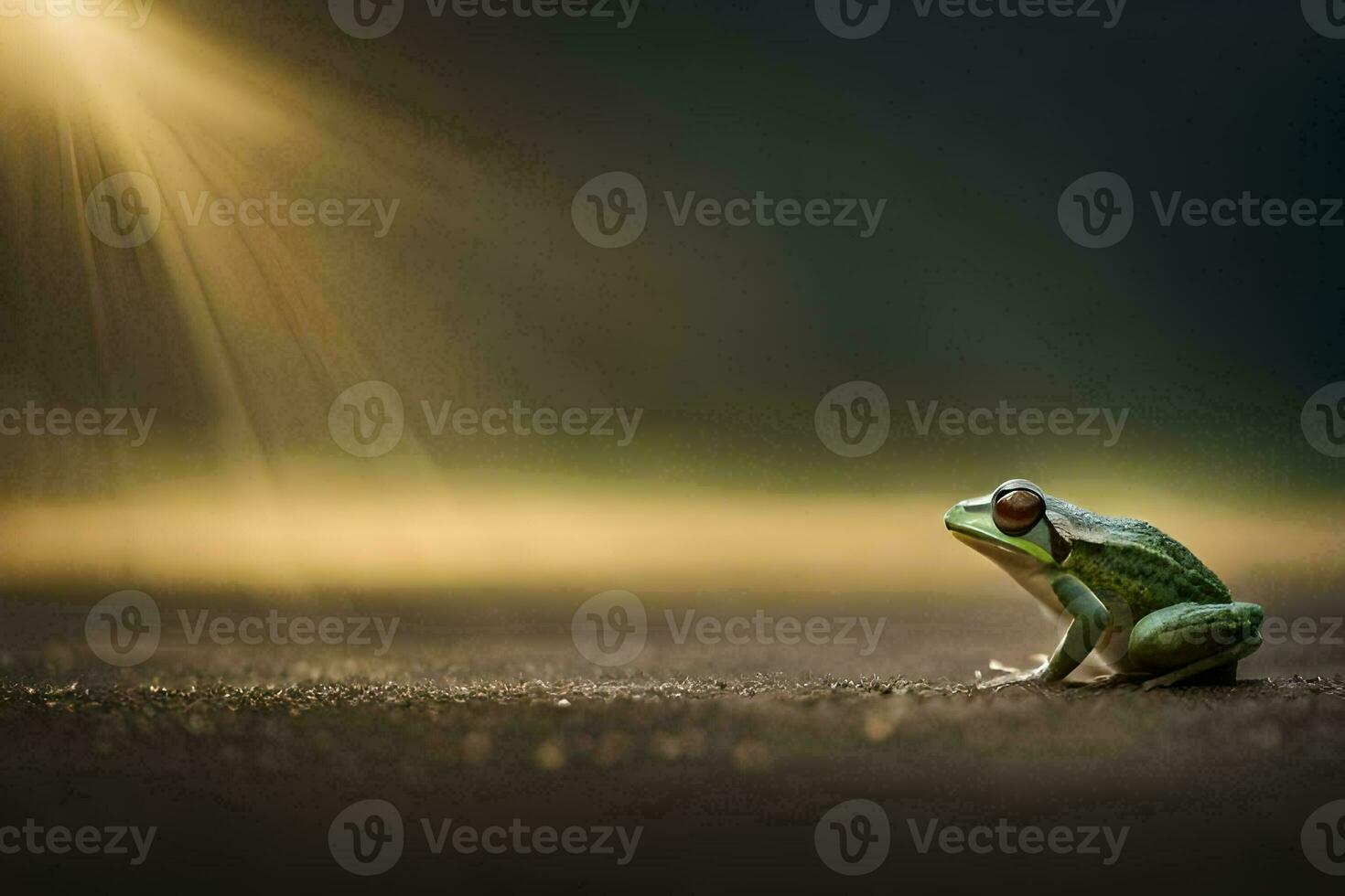 a frog sitting on the ground in front of the sun. AI-Generated photo