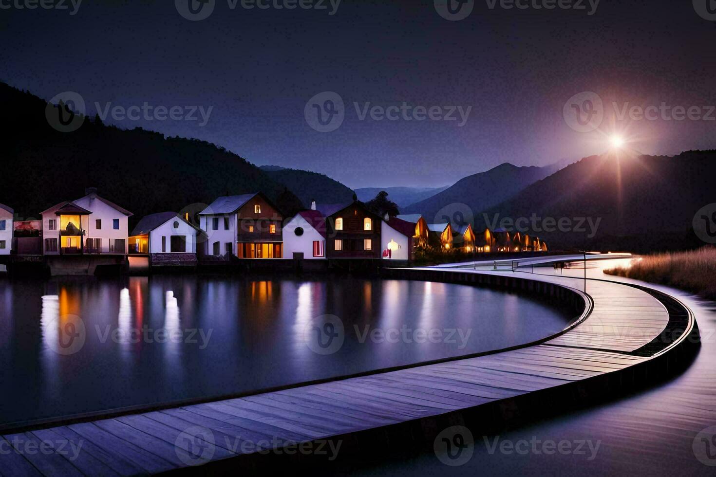 a long wooden pier with houses on it at night. AI-Generated photo