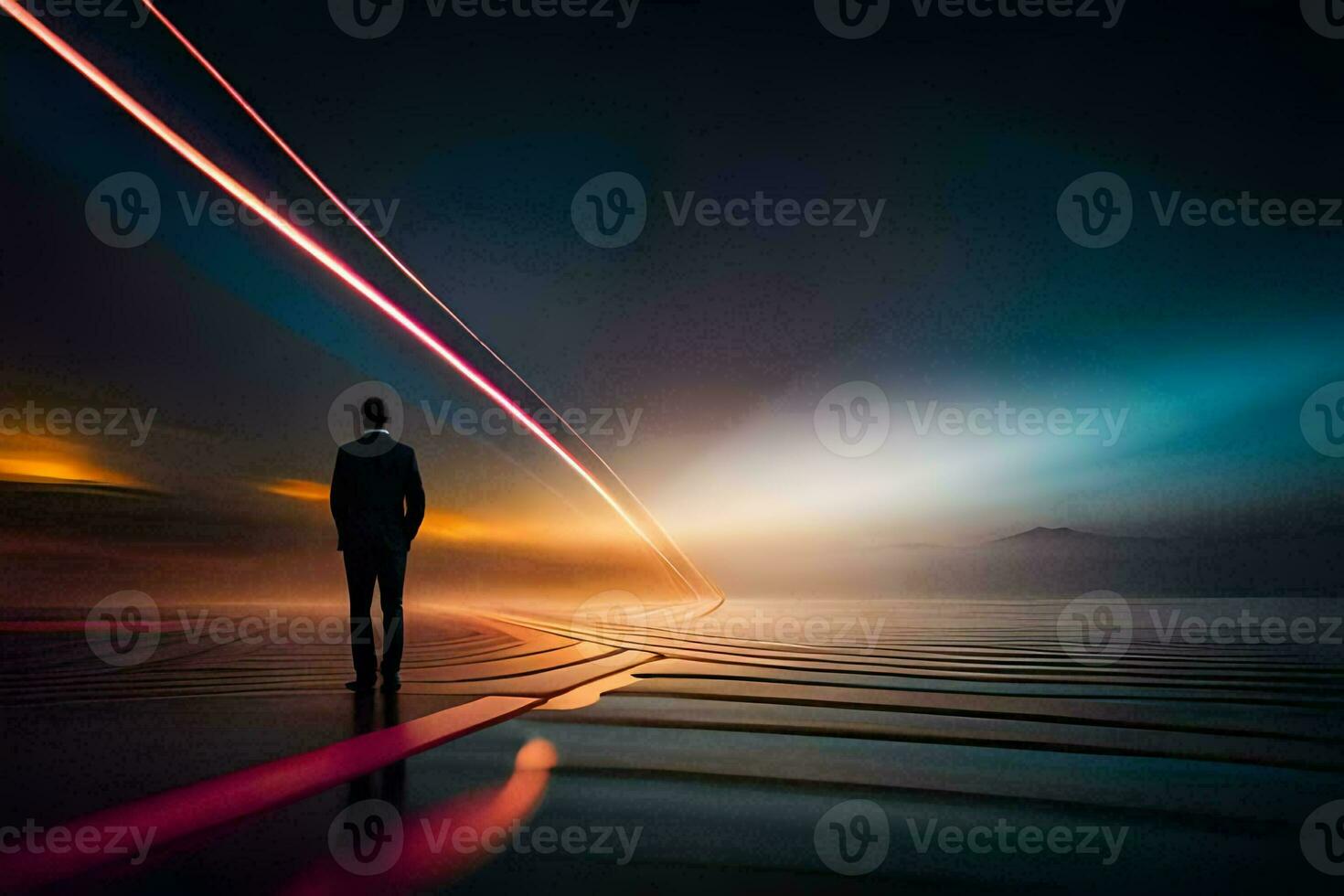 a man standing on a road with a long line of light coming from the sky. AI-Generated photo