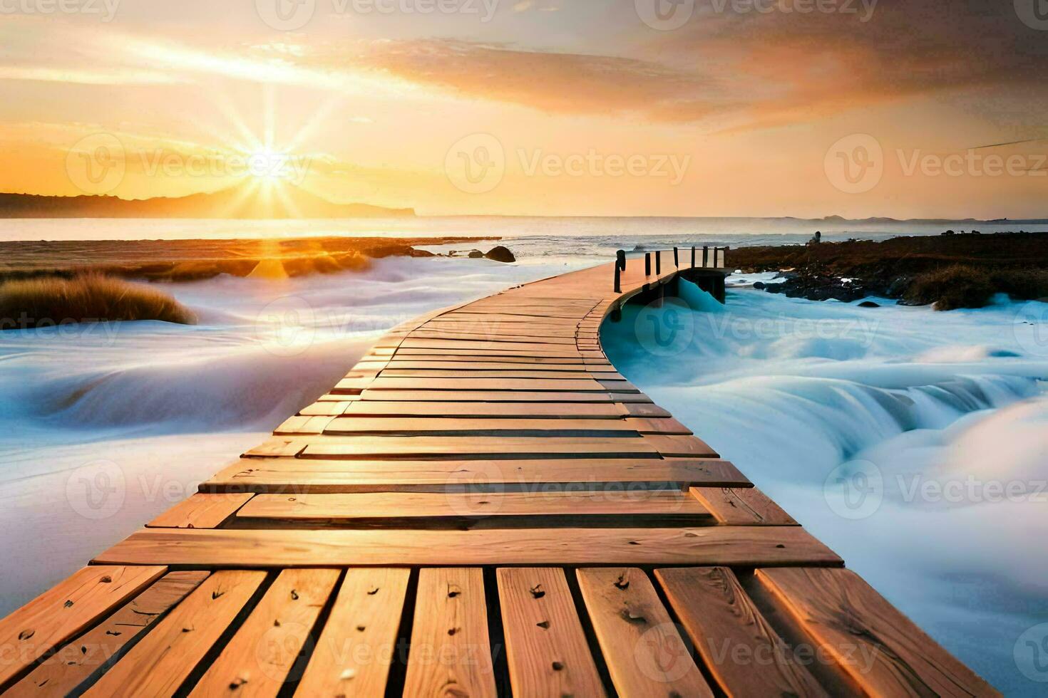 a wooden walkway leads to the ocean at sunset. AI-Generated photo
