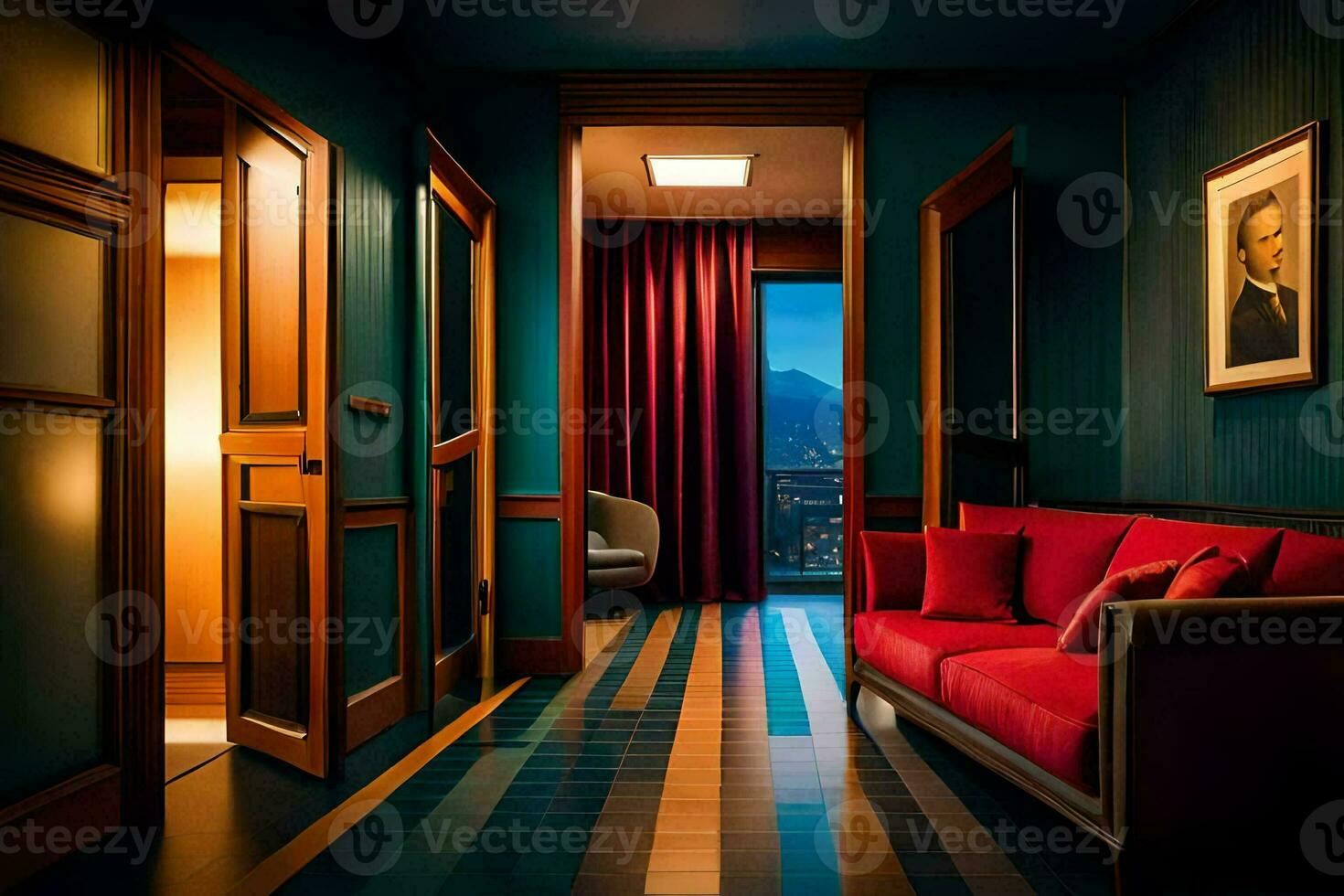 a room with a red couch and blue walls. AI-Generated photo