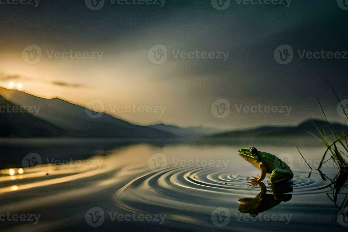 a frog sitting on the edge of a lake at sunset. AI-Generated photo