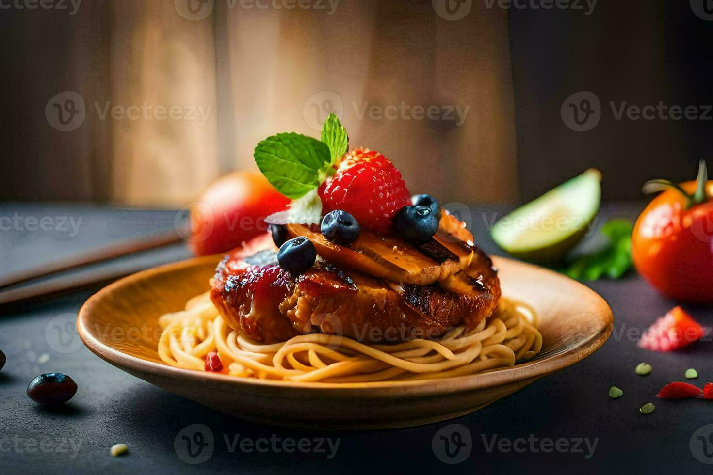 chicken breast with vegetables and noodles on a wooden plate. AI-Generated photo
