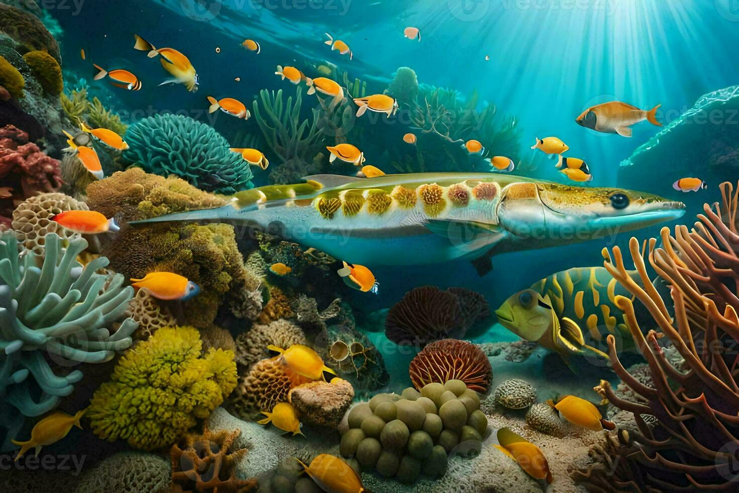 a fish swimming in the ocean with coral reefs. AI-Generated photo
