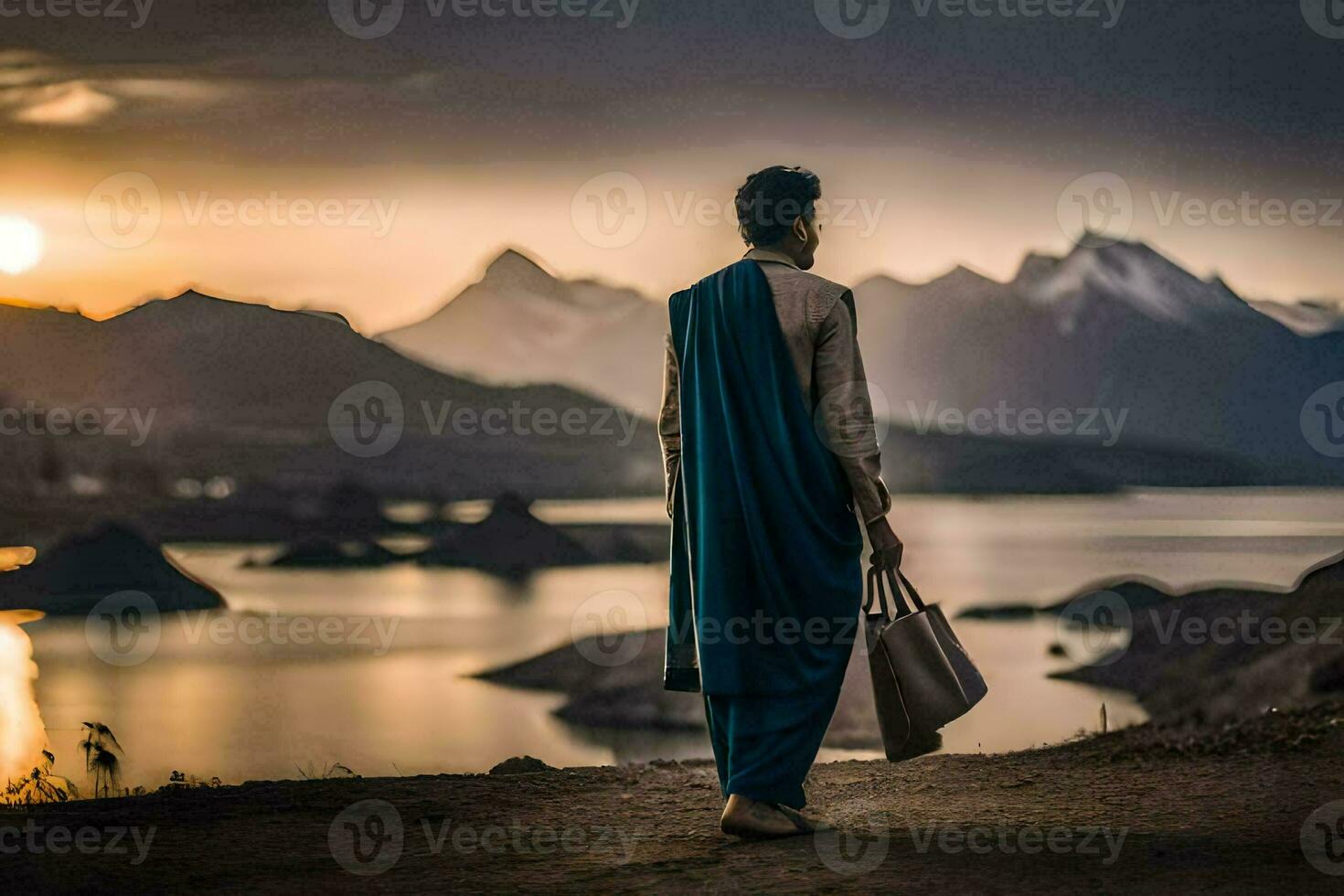 a man in a blue robe walks along the shore at sunset. AI-Generated photo