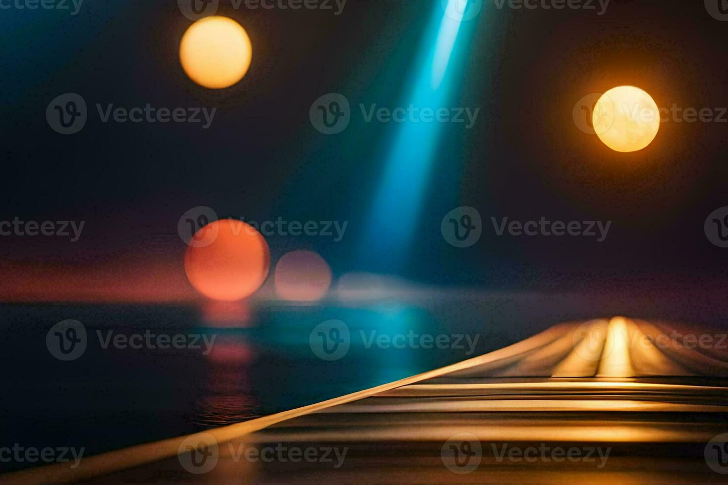 a long, dark road with lights in the background. AI-Generated photo