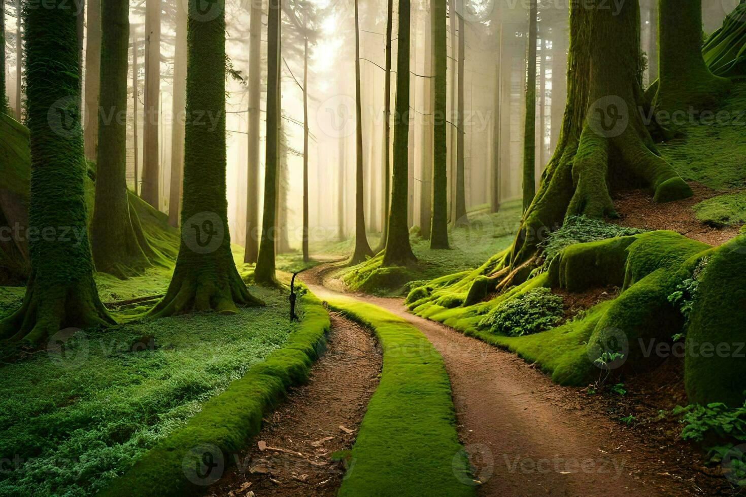 a path through a forest with mossy trees. AI-Generated photo