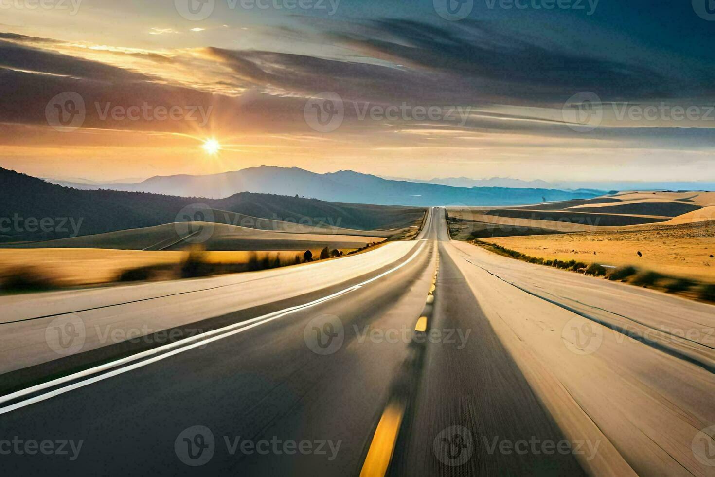 a long road with the sun setting in the distance. AI-Generated photo