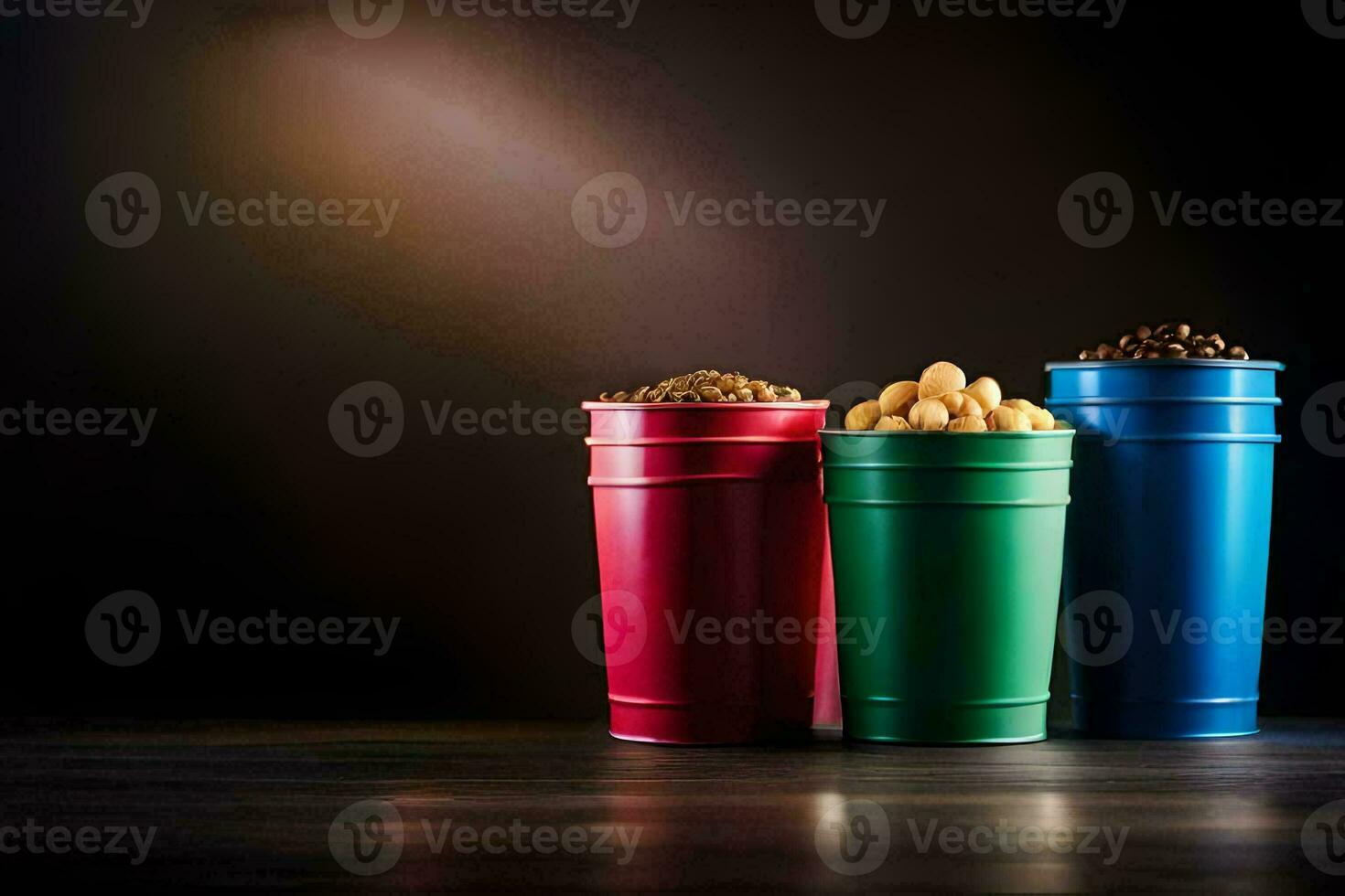 three colorful metal containers with nuts and beans. AI-Generated photo