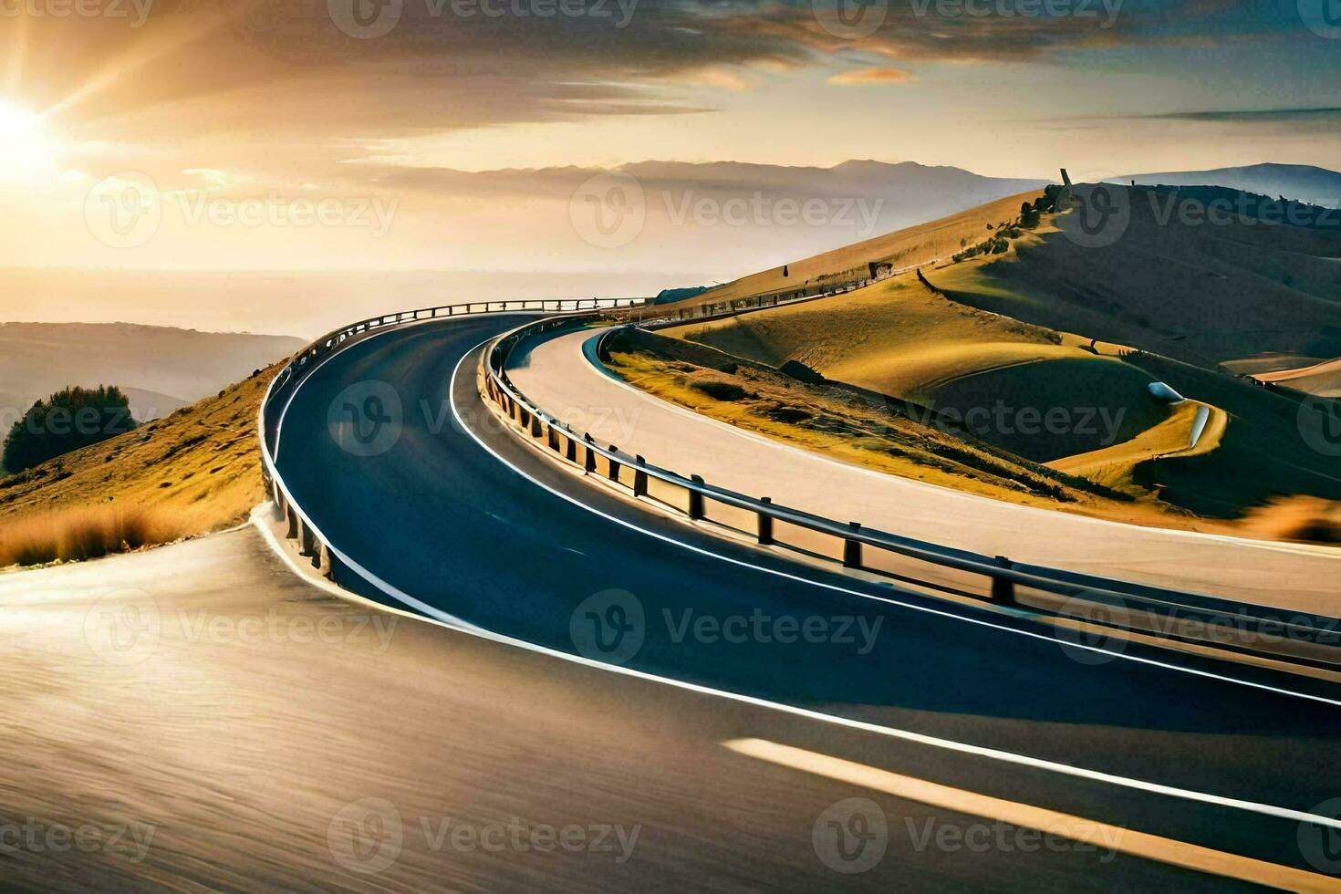 a winding road with the sun setting behind it. AI-Generated photo