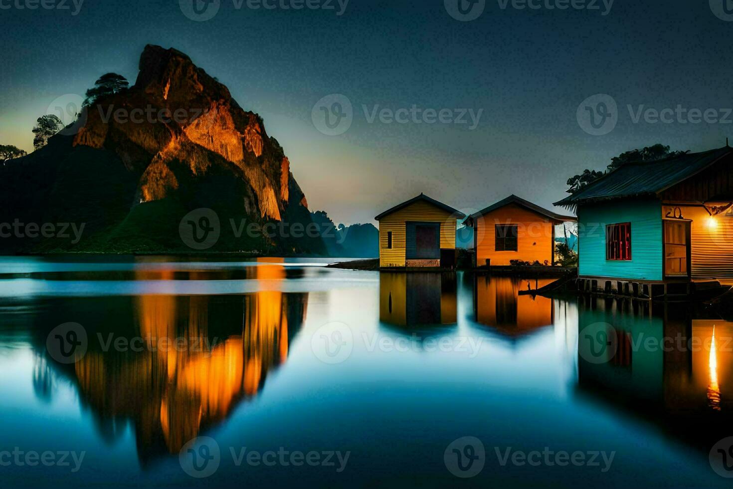 photo wallpaper the sky, water, mountains, house, the sky, the water, mountains,. AI-Generated