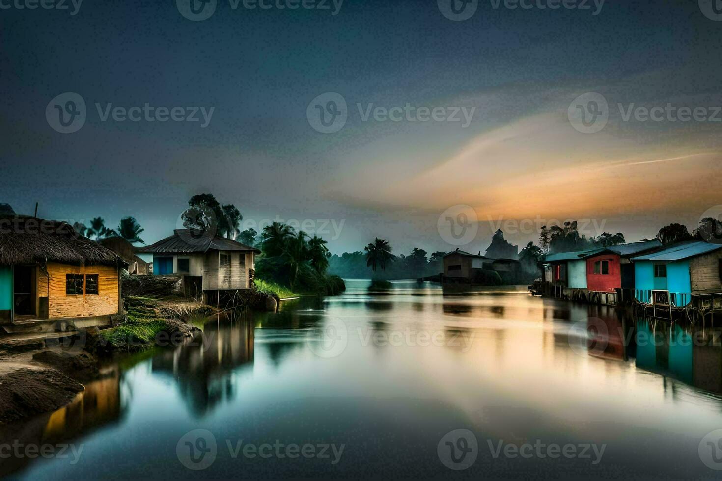 a river in the middle of a village at sunset. AI-Generated photo
