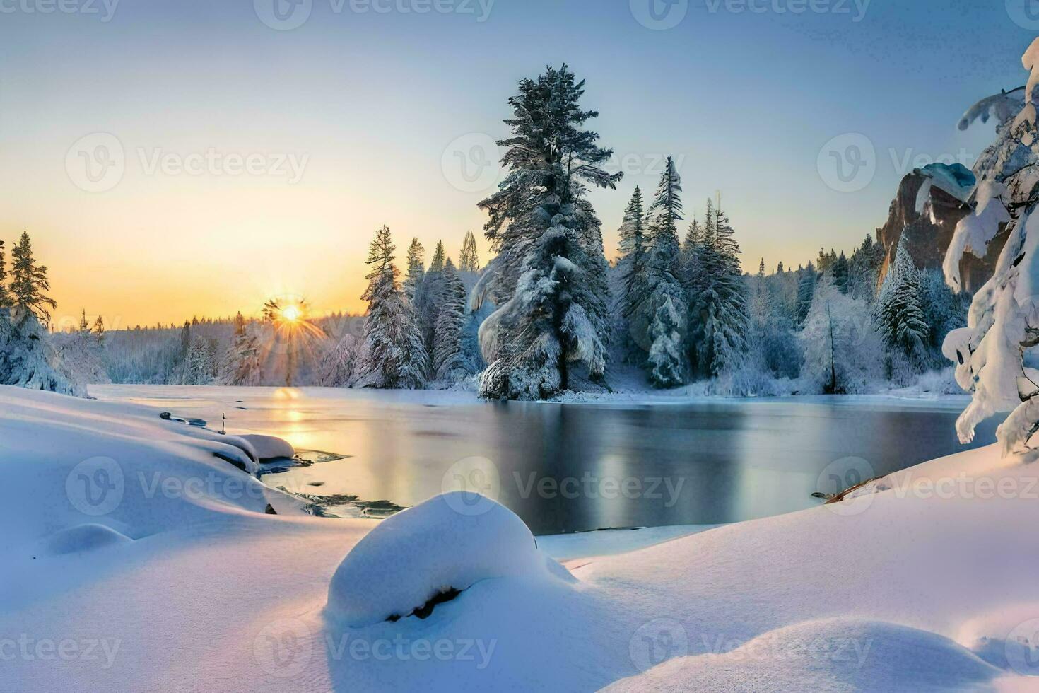 photo wallpaper the sky, snow, trees, lake, sunset, the sun, winter, trees. AI-Generated