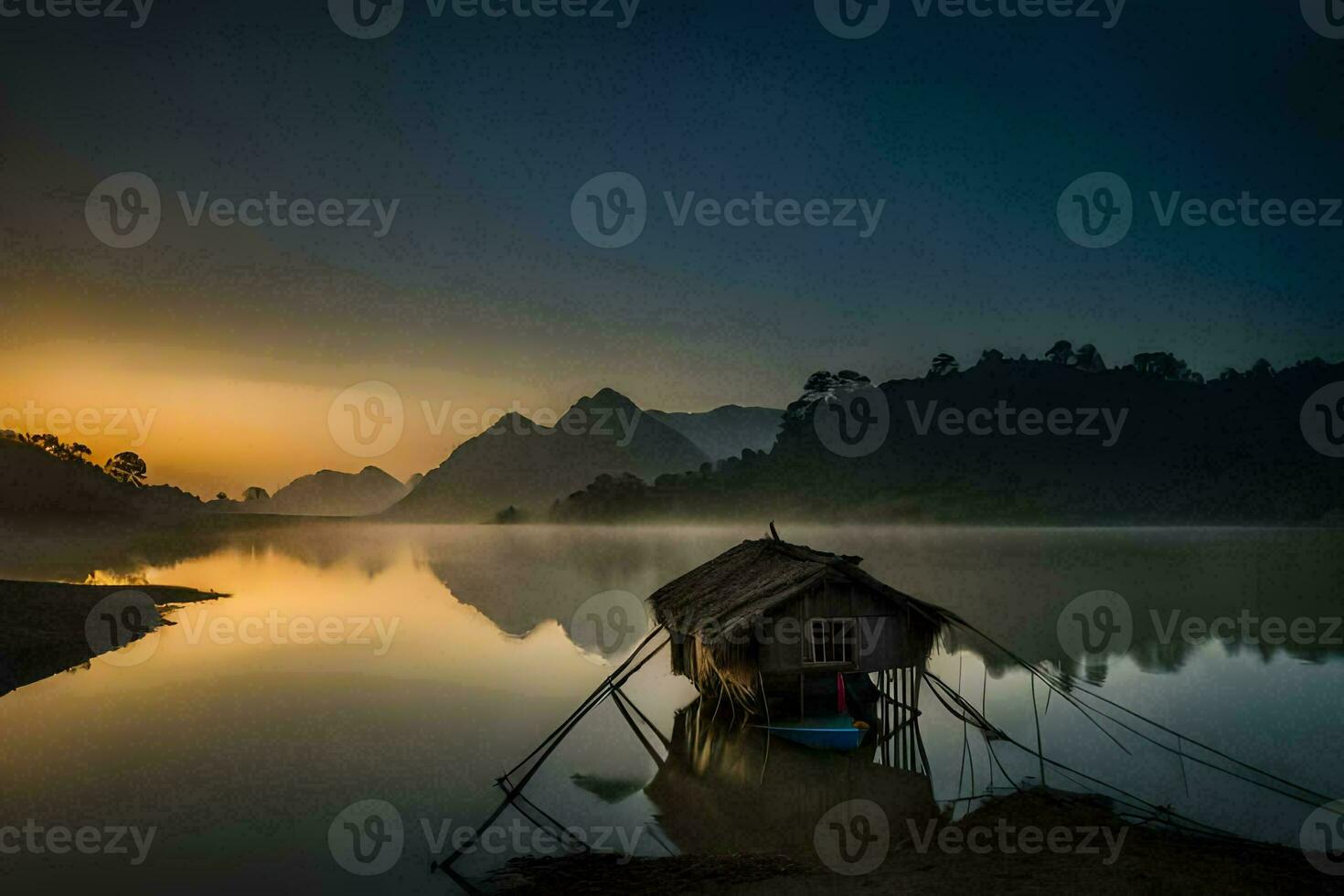a boat sits on the shore of a lake at sunrise. AI-Generated photo