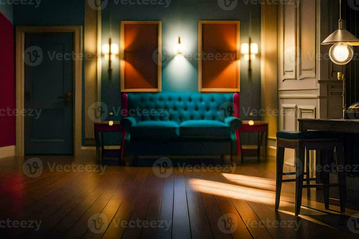 a room with a blue couch and two lamps. AI-Generated photo