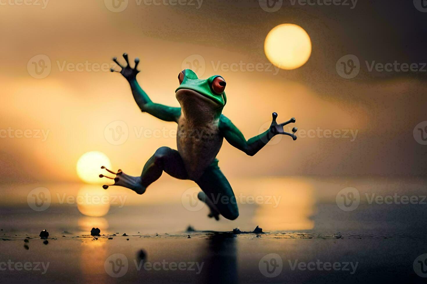 a frog jumping in the air at sunset. AI-Generated photo