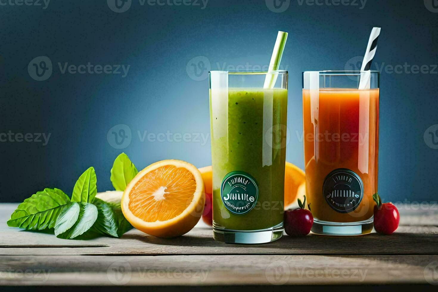 two glasses of juice with fruit and berries. AI-Generated photo