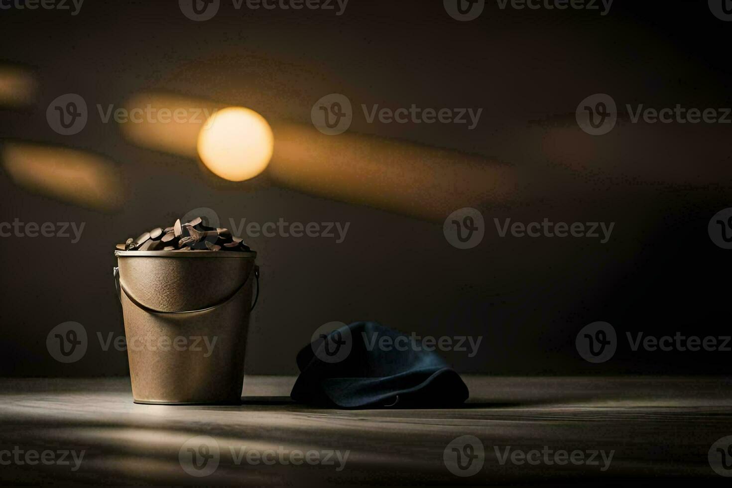 a bucket of coffee beans on a table. AI-Generated photo