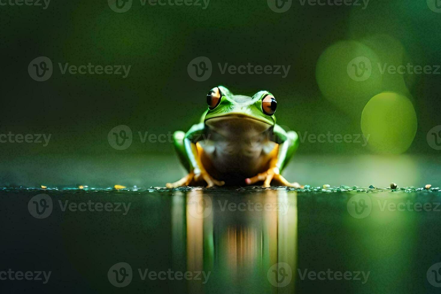 a frog sitting on the ground with a green background. AI-Generated photo