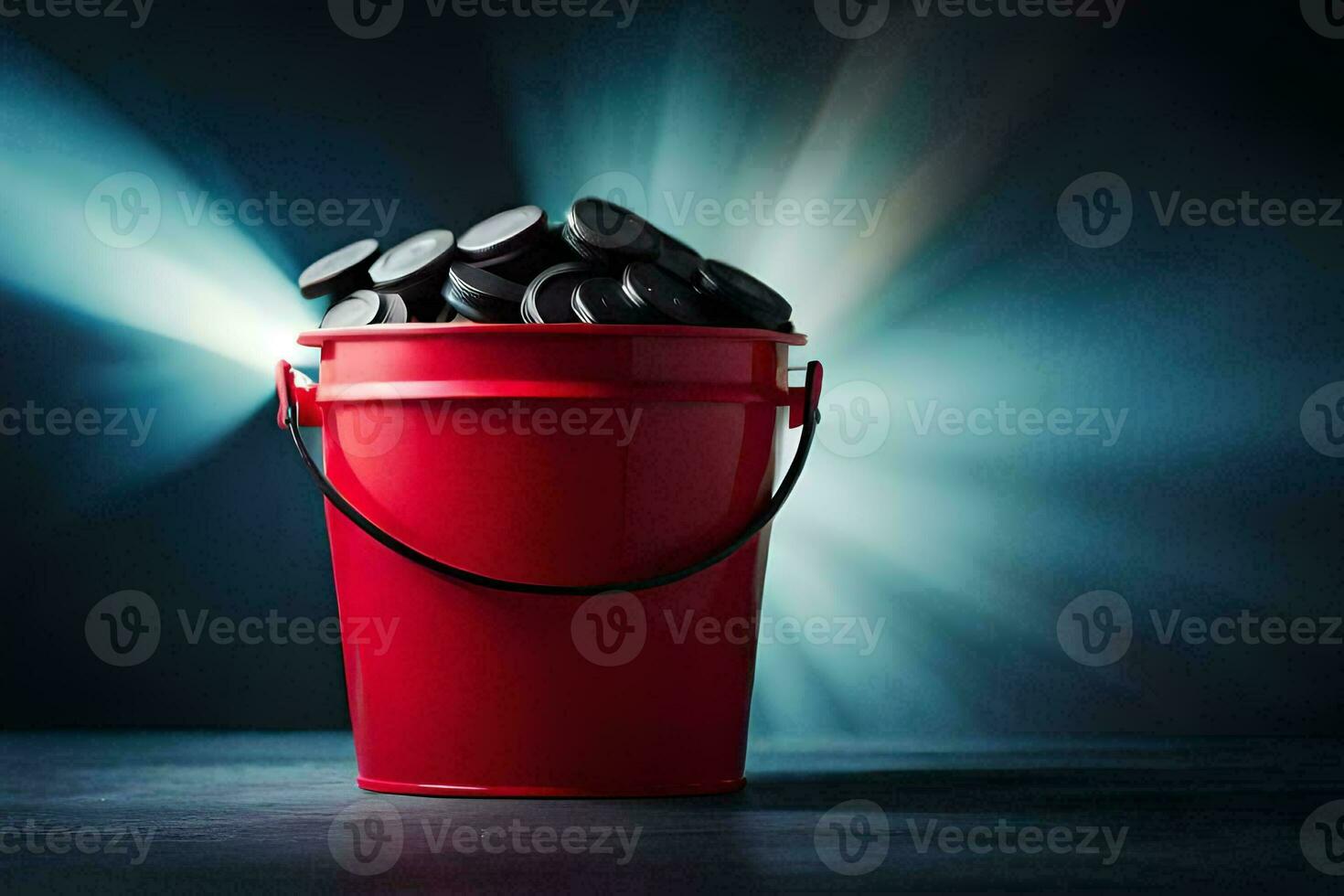 a red bucket filled with black coins. AI-Generated photo