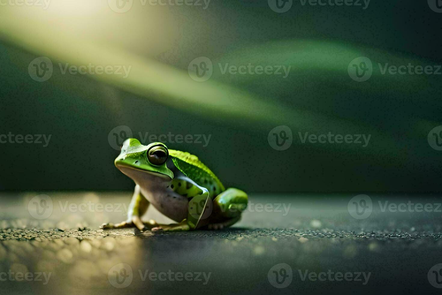 un rana sentado en el suelo con un verde antecedentes. generado por ai foto