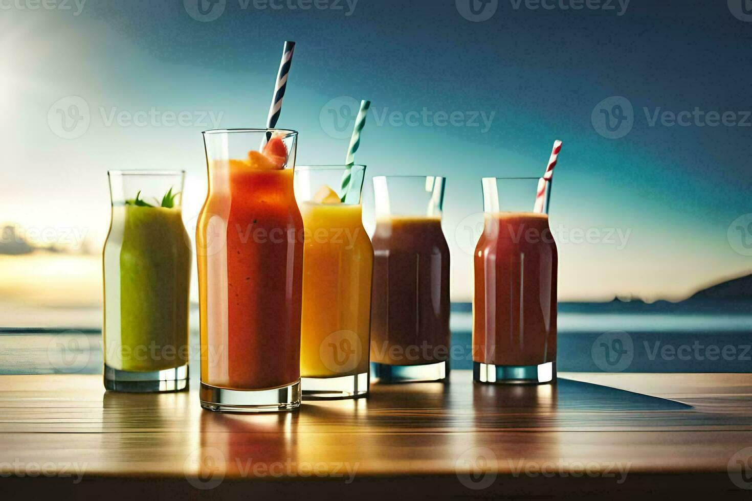 five different types of juices are lined up on a table. AI-Generated photo