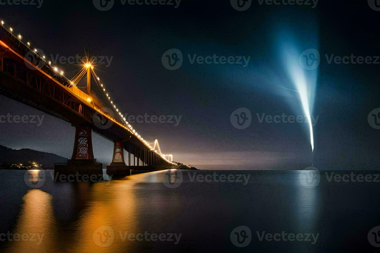 el dorado portón puente a noche. generado por ai foto