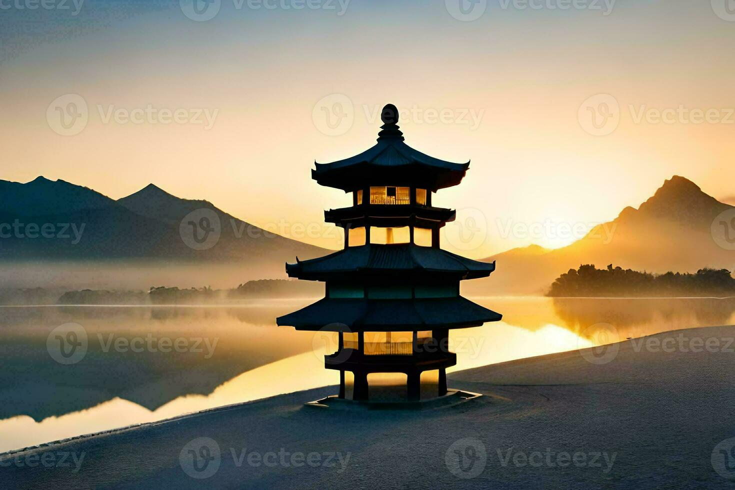 a pagoda stands in the middle of a lake at sunrise. AI-Generated photo