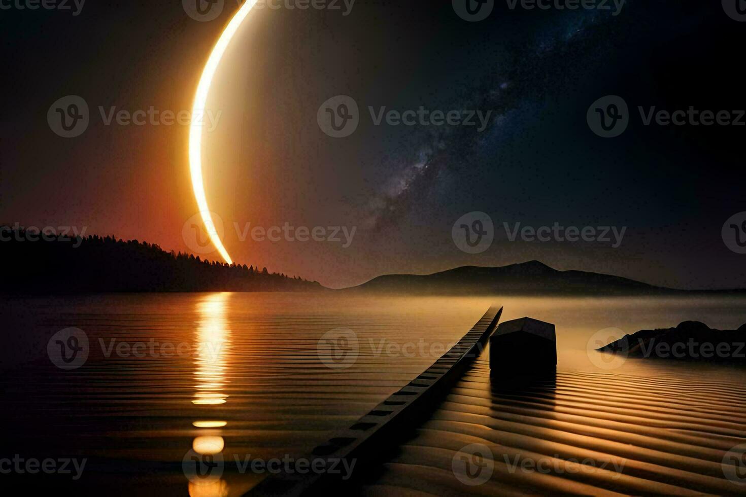 the moon is shining over a lake and a dock. AI-Generated photo