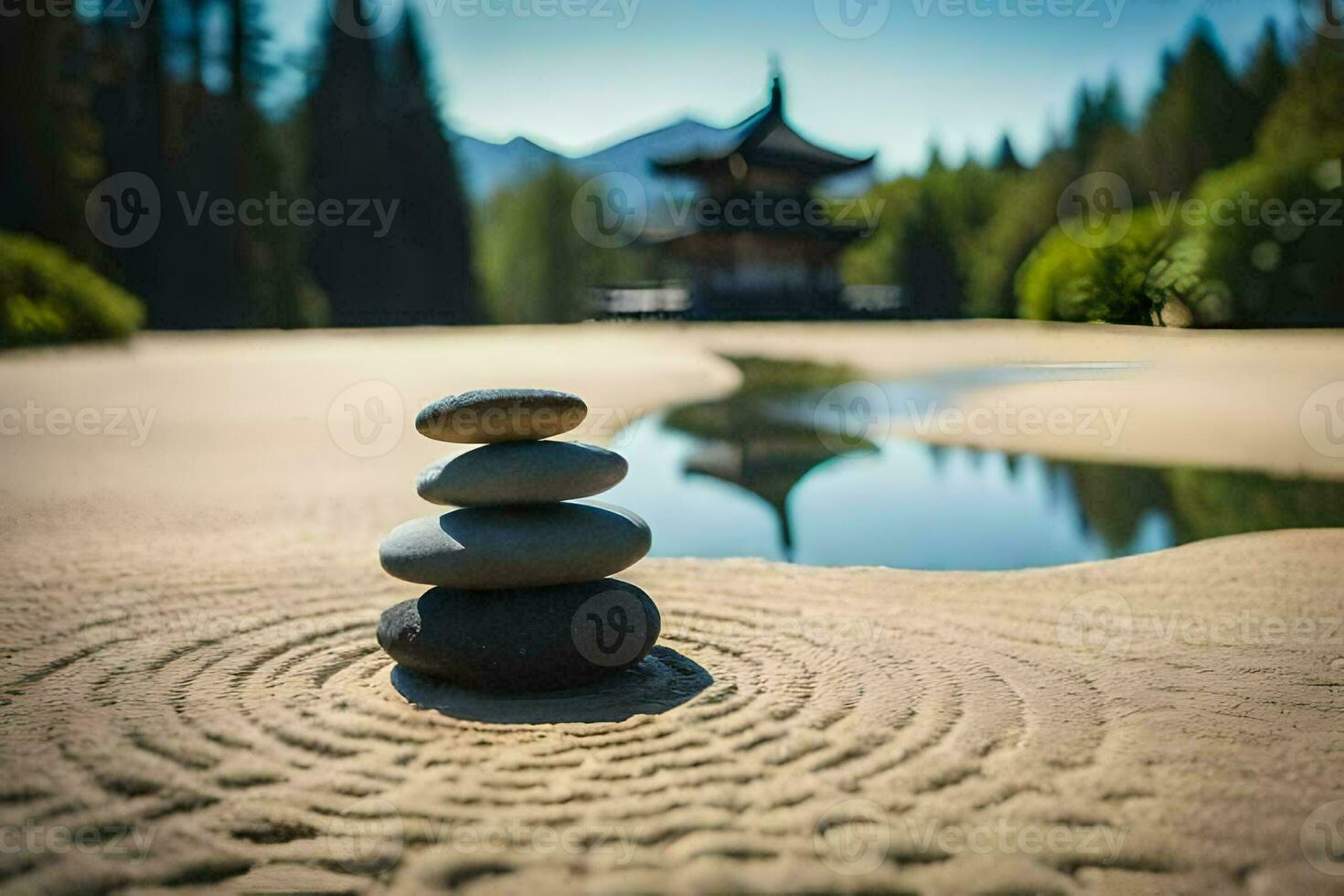 a stack of stones on the sand in front of a pagoda. AI-Generated photo