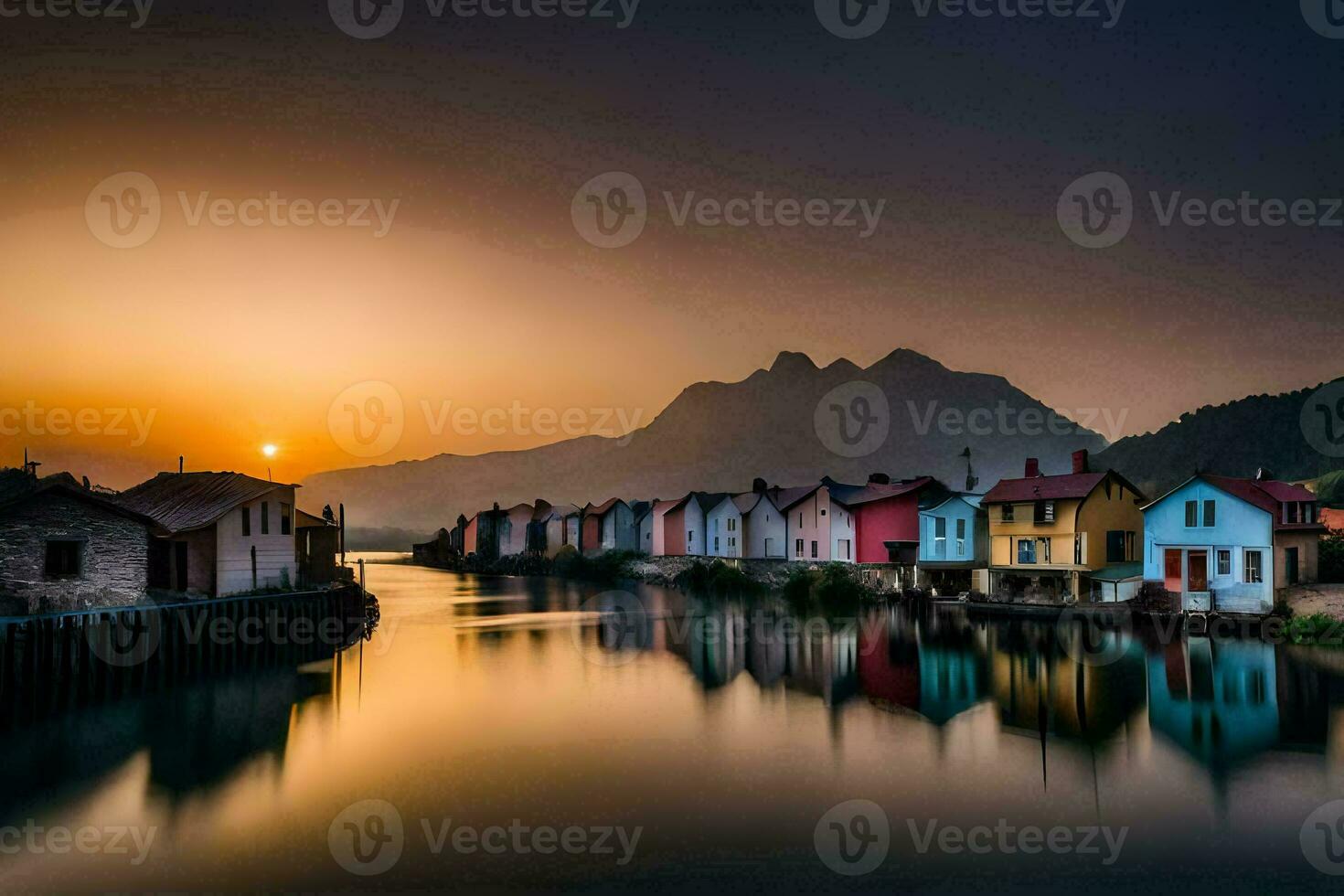 a river with houses and mountains in the background. AI-Generated photo