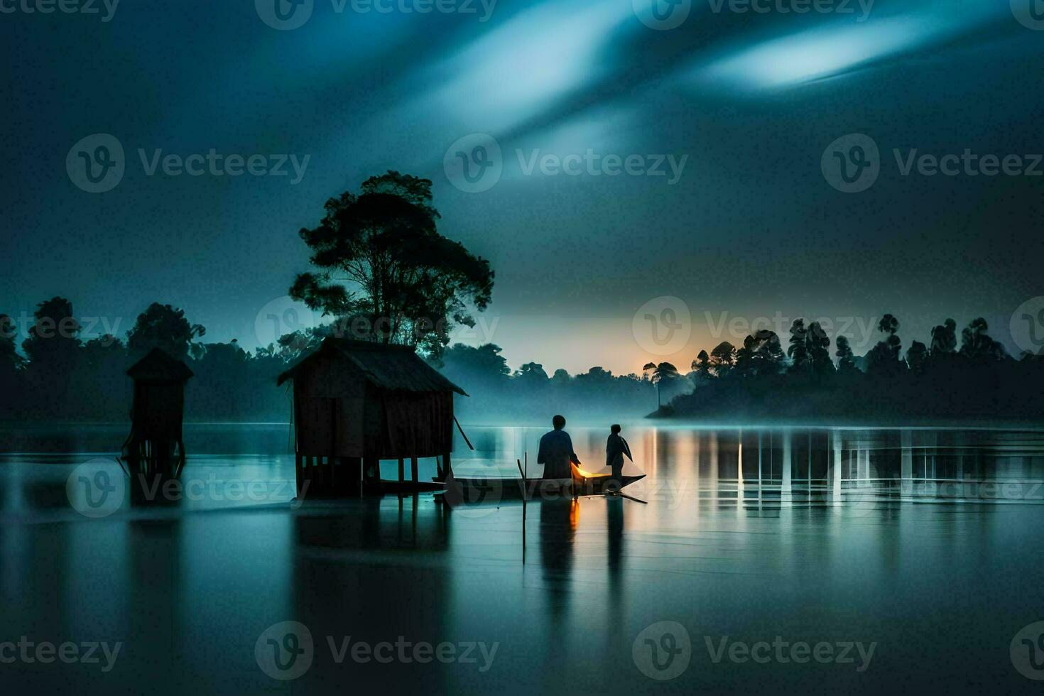 photo wallpaper the sky, water, boat, house, boat, lake, boat, boat house. AI-Generated