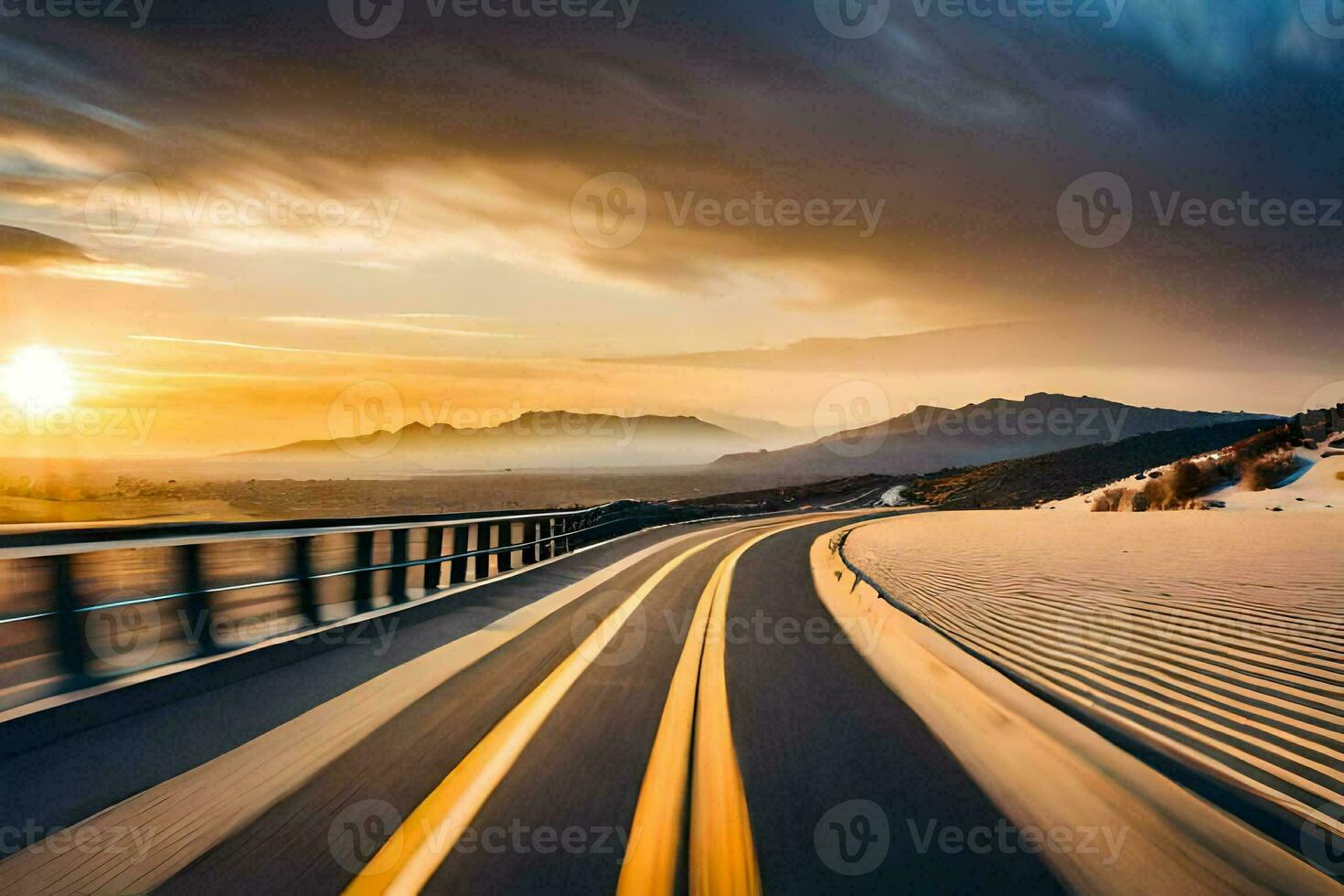 a long exposure photograph of a road with mountains in the background. AI-Generated photo