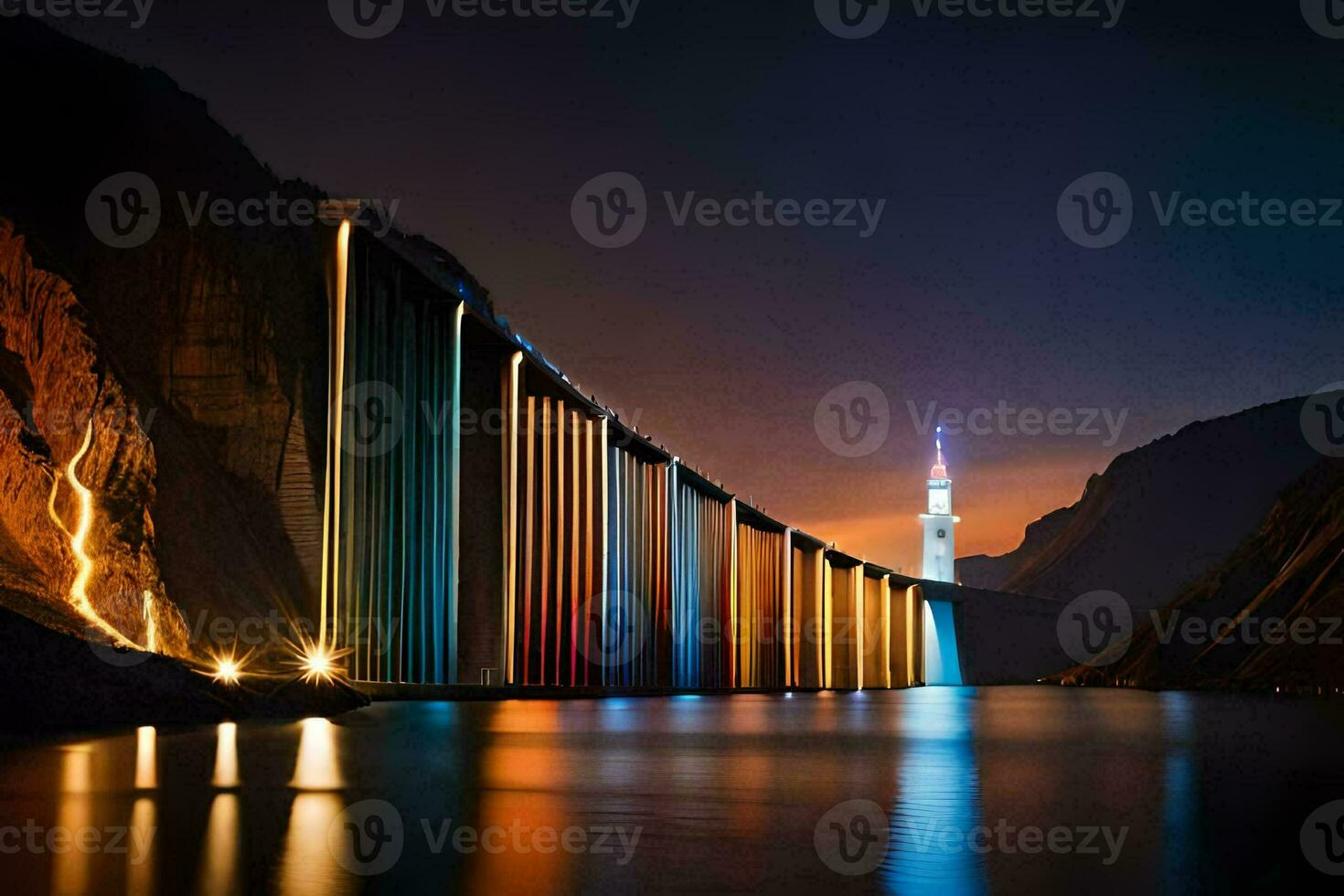 a bridge with lights on it at night. AI-Generated photo