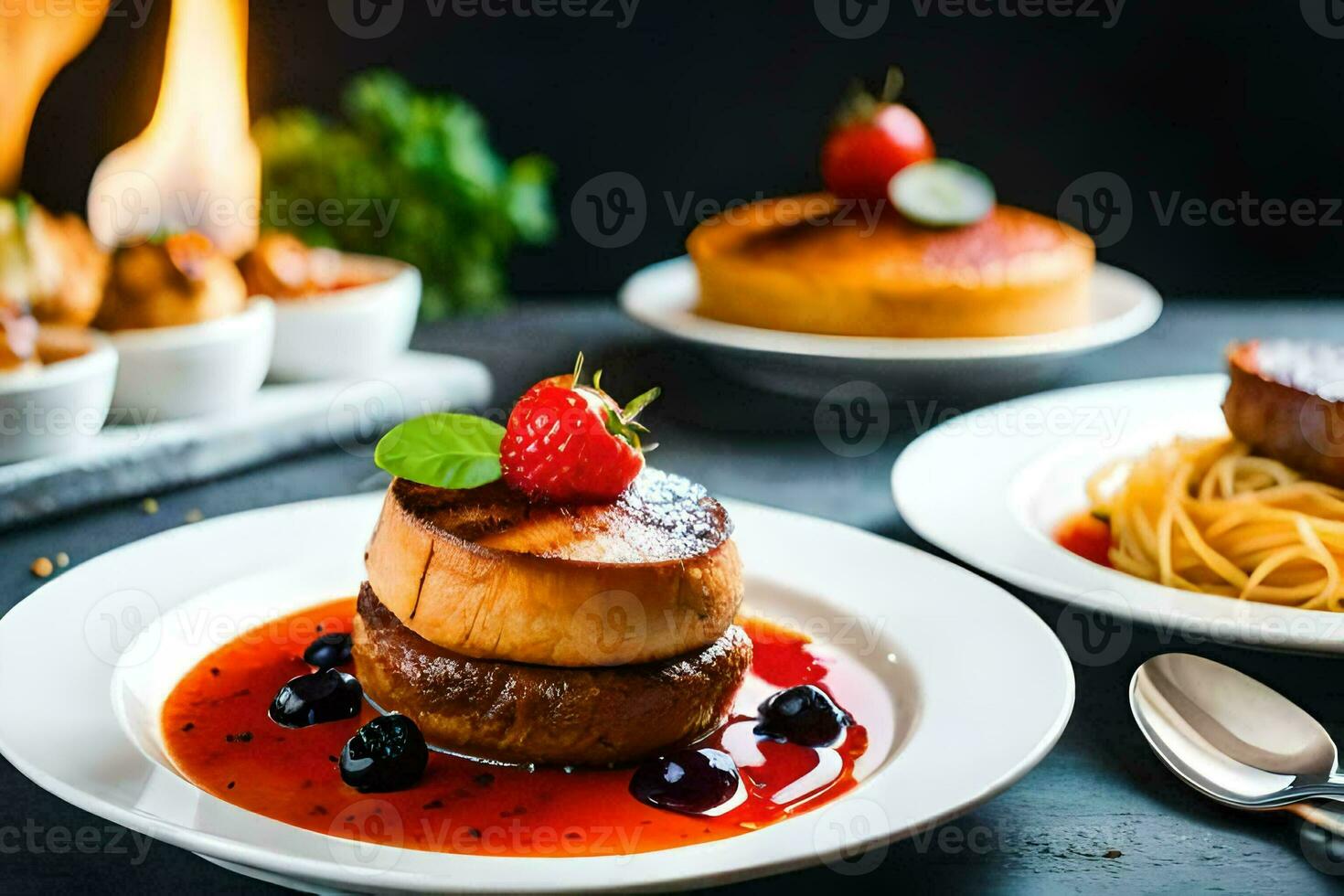 a table with food and a fire. AI-Generated photo