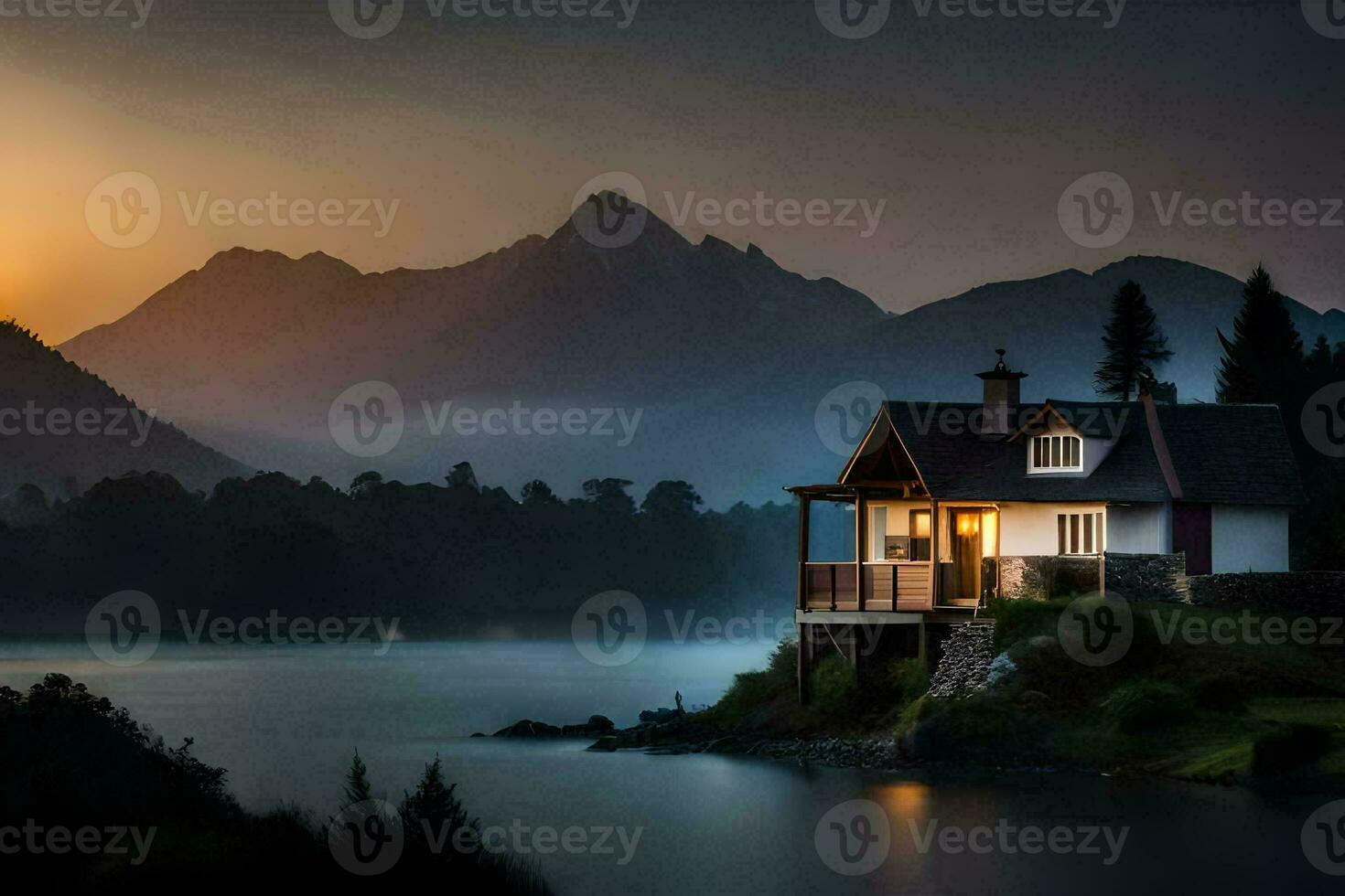 photo wallpaper the sky, mountains, lake, house, sunrise, the house, the lake,. AI-Generated