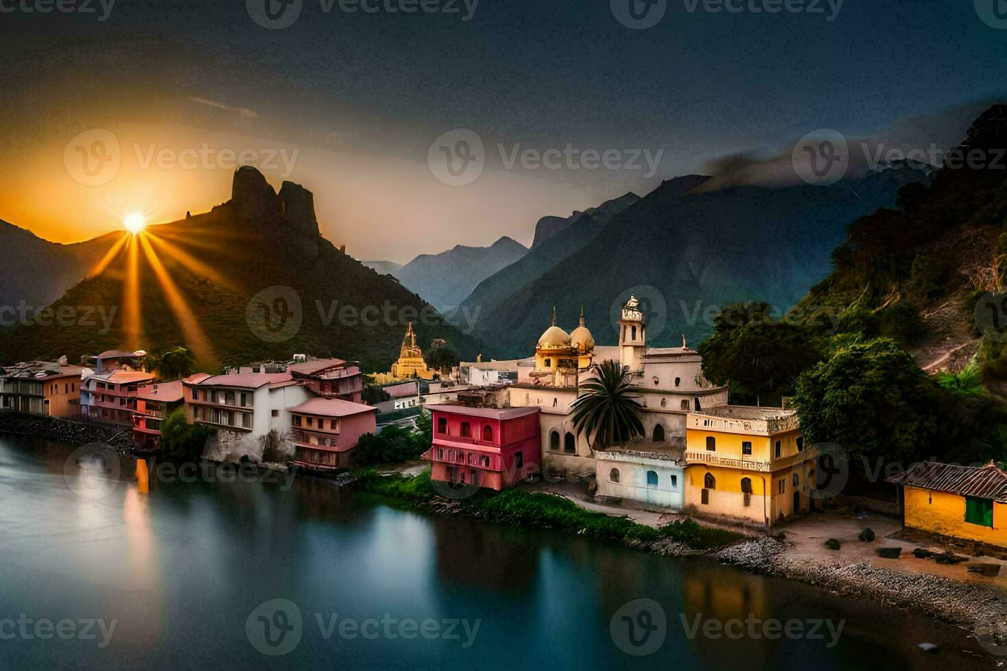 photo wallpaper the sky, mountains, river, sunset, the sun, the mountains, the river. AI-Generated